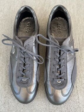 ECCO Life Tie Metallic Pewter Leather Sneakers Walking Shoes Women EU40 US 9-9.5